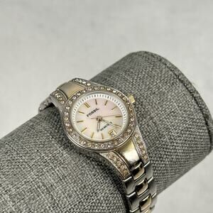 Fossil Blue Watch Womens 25mm Two-Tone MOP Dial Crystal Bezel Date New Battery